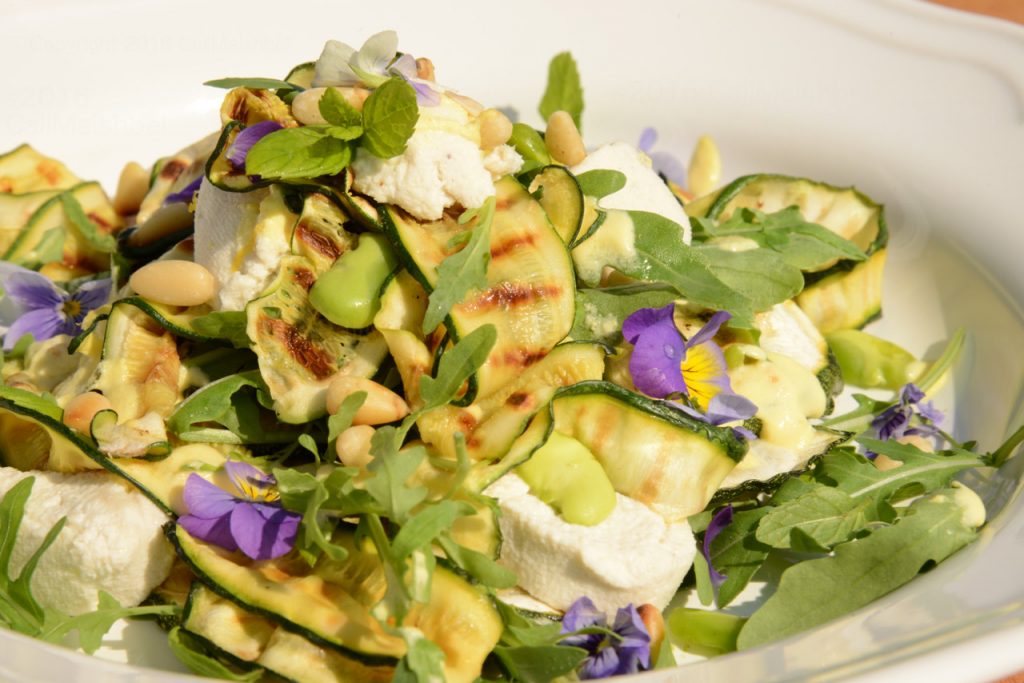 chargrilled zucchini ribbons salad, with cashew feta, pine nuts and edible flower