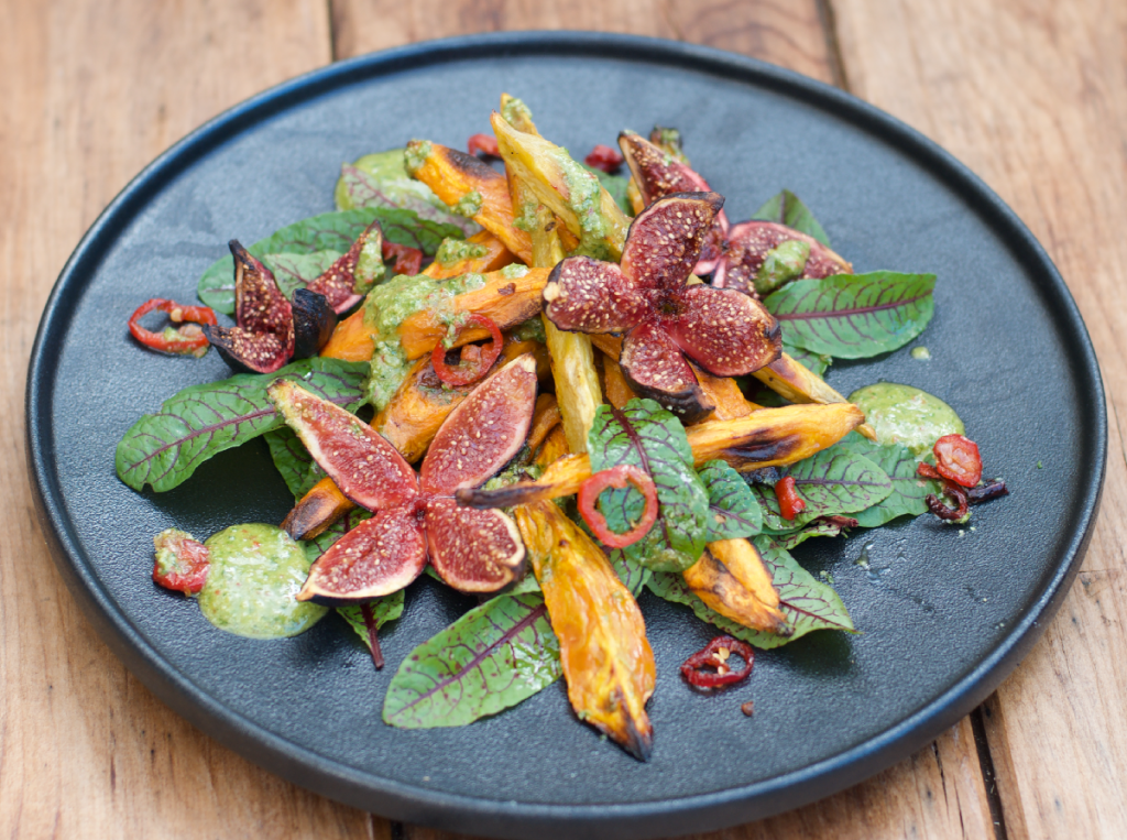Roasted kūmara, fig & chilli with walnut Salsa and red vein sorrel